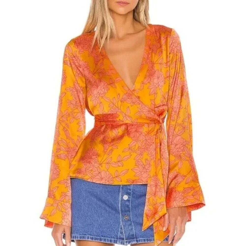 [Privacy Please] Orange Floral Print Bell Sleeve Linnea Wrap Blouse NWT Medium M